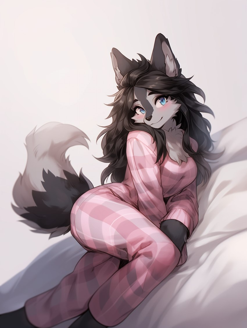 anthro black_hair black_nose blue_eyes breasts clothing eyebrows female hair pajamas pink_clothing simple_background solo white_background sappy_(director) canid canine canis mammal wolf hi_res