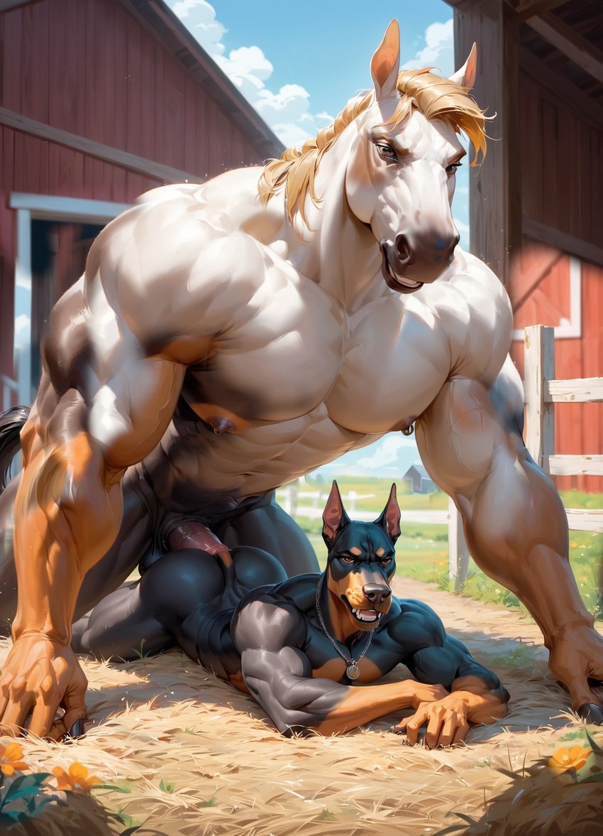 abs anal anal_penetration animal_genitalia animal_penis anthro barn biceps big_biceps big_muscles black_body black_fur black_nose brown_body brown_fur butt day duo equine_penis farm fence fur genitals hay jewelry looking_at_viewer lying male male/male multicolored_body multicolored_fur muscular muscular_anthro muscular_male necklace nipples nude on_front outside pecs penetration penis size_difference smaller_penetrated veiny_biceps veiny_muscles anonymous_director canid canine canis dobermann domestic_dog equid equine horse mammal pinscher hi_res