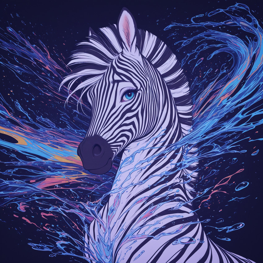 abstract_background ambiguous_gender black_body black_fur black_stripes blue_eyes eyelashes feral fur glistening glistening_eyes hair looking_at_viewer mane mouth_closed multicolored_hair paint_splatter smile solo splash striped_body striped_fur stripes tuft water white_body white_fur white_hair white_mane unknown_director equid equine mammal zebra bust_portrait hi_res portrait