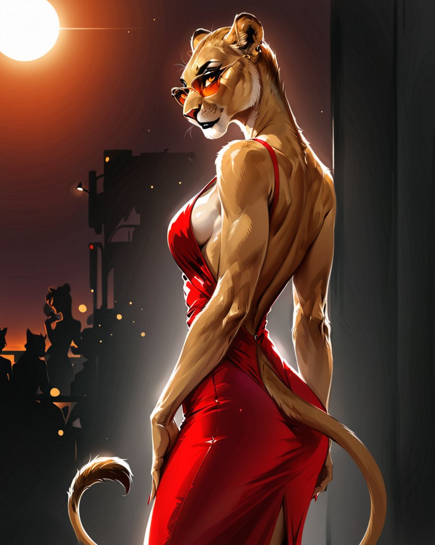 anthro athletic athletic_anthro athletic_female back_muscles backless_clothing backless_dress bare_back bare_shoulders black_lips breasts butt claws clothed clothing detailed_background dress ear_piercing ear_ring evening_gown eyebrows eyelashes eyewear female fingers fur furgonomics glasses group lens_flare light lips looking_at_viewer looking_back looking_back_at_viewer makeup multicolored_body multicolored_fur muscular muscular_anthro muscular_female night outside piercing pink_nose rear_view red_clothing red_dress ring_piercing side_boob side_slit solo solo_focus standing strapless_clothing sunglasses tan_body tan_fur two_tone_body two_tone_fur whiskers white_body white_fur aphid butterwolf felid lion mammal pantherine digital_media_(artwork) hi_res portrait