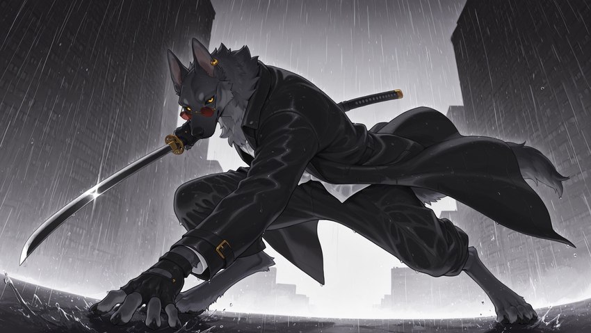 action_pose anthro black_sclera city clothed clothing ear_piercing eyewear fully_clothed katana male melee_weapon neck_tuft pawpads piercing pose raining scabbard solo sunglasses sword tail tuft weapon yellow_eyes burioth canid canine canis mammal wolf hi_res monochrome
