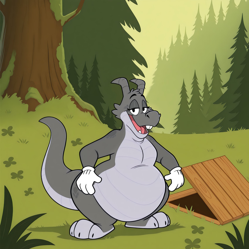 anthro belly big_belly buckteeth forest male obese overweight plant solo teeth tree koboldcollector meme_2026 big_chungus kobold scalie absurd_res hi_res