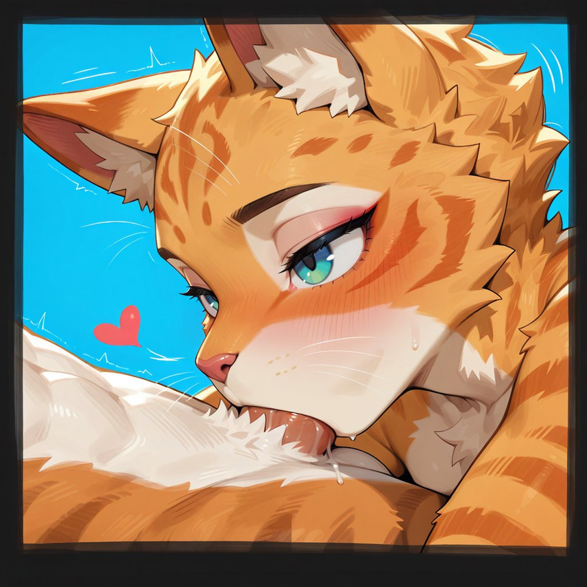 anthro balls border duo faceless_character faceless_male fellatio female fur genitals inner_ear_fluff male male/female oral orange_body orange_fur penile penis_in_mouth pink_nose sex simple_background striped_body striped_fur stripes teal_eyes tuft whiskers white_body white_fur xerberus0 domestic_cat felid feline felis mammal