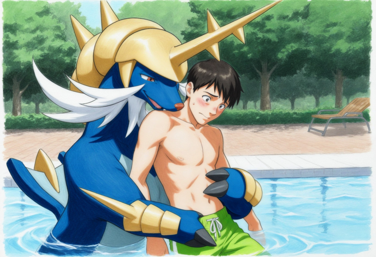 3_fingers ambiguous_gender armor bestiality black_hair blue_body blue_eyes blush bodily_fluids bottomwear brown_eyes brown_hair chair claws clothed clothing day detailed_background duo embrace facial_hair feral fingers furniture grabbing green_clothing green_swimwear groping groping_from_behind hair headgear helmet horn hug human_on_feral interspecies larger_feral light_body light_skin male male/ambiguous male_human male_on_feral muscular nature nervous open_mouth orange_eyes outside partially_clothed partially_submerged pecs plant pokephilia pool questionable_consent red_eyes shorts size_difference smaller_human sweat swimming_trunks swimwear tan_body tan_skin topless tree undressing undressing_another water whiskers tempting_(director) nintendo pokemon generation_5_pokemon human mammal mustelid pokemon_(species) samurott hi_res