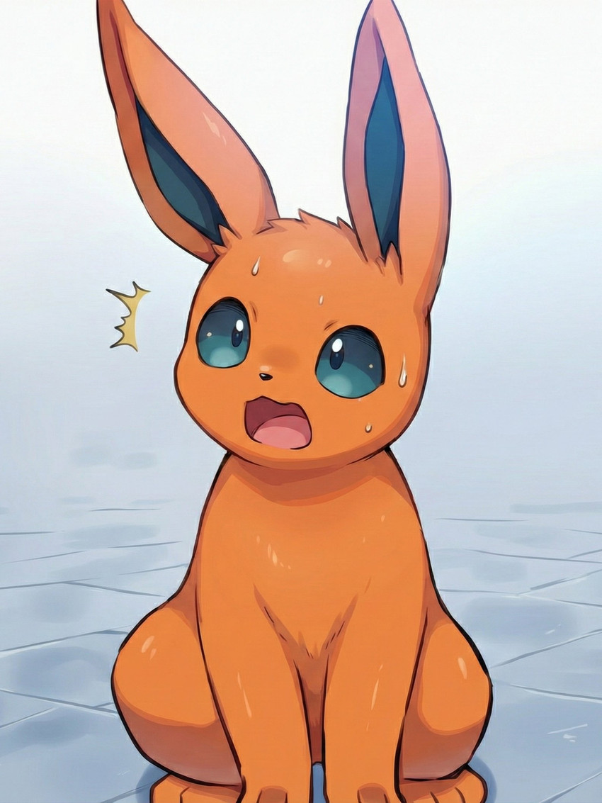ambiguous_gender bodily_fluids embarrassed feral fur open_mouth orange_body orange_fur paws shaved shaved_body shaved_head sitting solo sweat teal_eyes tongue kaigamiaikemono nintendo pokemon eeveelution flareon generation_1_pokemon pokemon_(species) 2025 hi_res