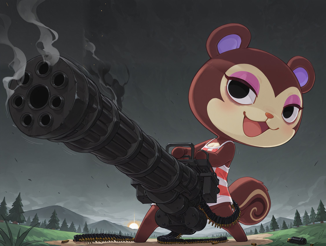 anthro black_eyes checkered_clothing chibi clothed clothing dress evergreen_tree female forest forest_background gatling_gun grass grey_sky gun happy holding_object holding_weapon machine_gun makeup minigun nature nature_background pattern_clothing pine_tree plant pose ranged_weapon smile smoke solo squirrel_tail suggestive tired_eyes tree weapon yandere anonymous_director animal_crossing nintendo pecan_(animal_crossing) mammal rodent sciurid tree_squirrel hi_res