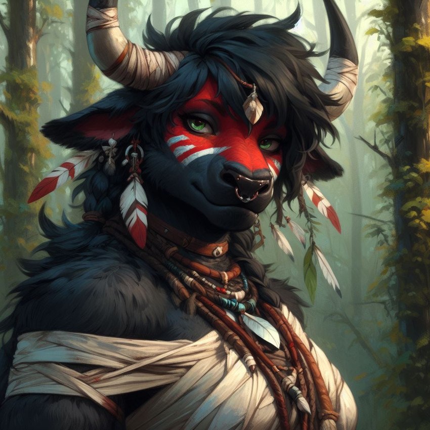 anthro bing_image_creator black_body black_fur black_hair facial_piercing female forest fur green_eyes hair horn jewelry markings nose_piercing nose_ring piercing plant ring_piercing solo tree tribal tribal_jewelry tribal_markings warcraft wraps urumura bovid bovine mammal minotaur tauren