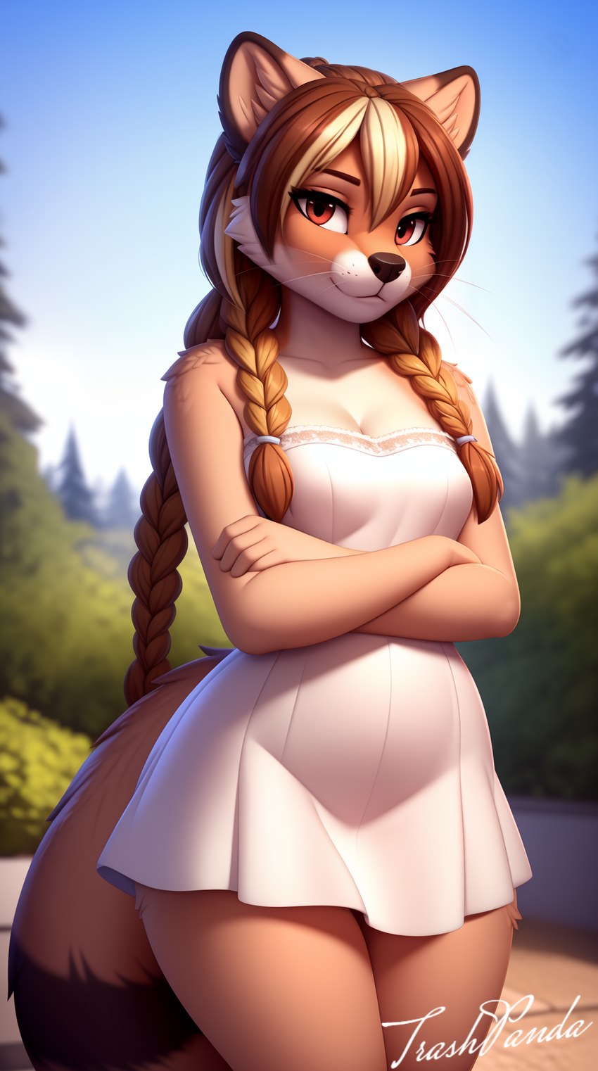 anthro black_nose blonde_highlights braided_hair breasts brown_body brown_hair clothed clothing crossed_arms detailed_background dress female fur hair highlights_(coloring) looking_at_viewer multicolored_body nature solo tuft whiskers white_clothing white_dress trashpanda0997 mammal procyonid raccoon 9:16 detailed hi_res portrait shaded signature soft_shading watermark