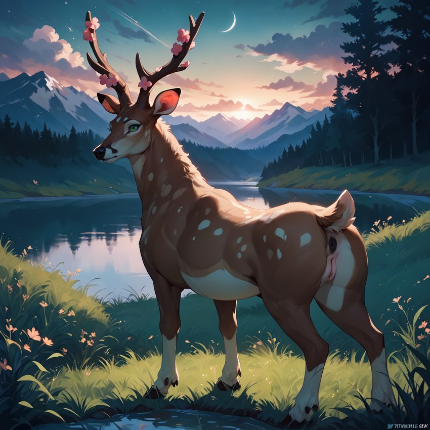 antlers anus female feral flower forest genitals grass hooves horn lake moon mountains plant pussy scut_tail short_tail solo sunset tree matt3985_(director) phazon cervid cervine generation_5_pokemon mammal pokemon_(species) sawsbuck hi_res