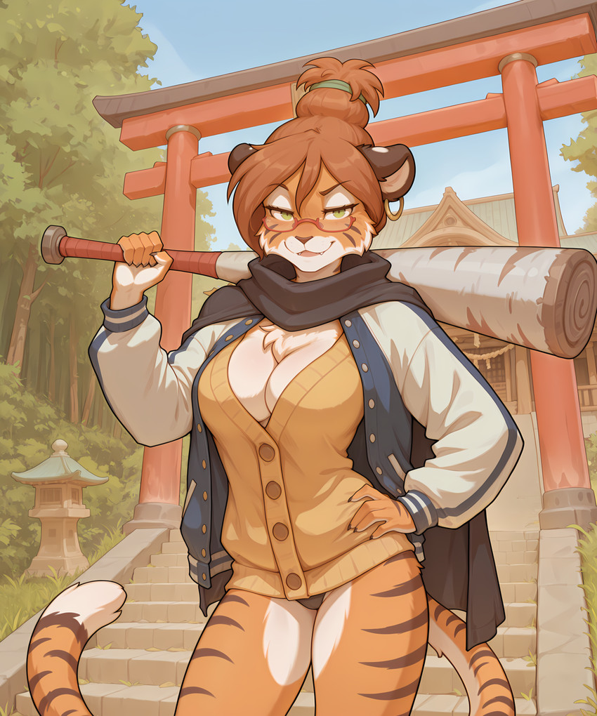 anthro big_breasts breasts brown_hair chest_tuft clothed clothing detailed_background ear_piercing eyewear female fur glasses green_eyes hair jacket looking_at_viewer outside panties piercing plant sculpture smile solo statue topwear tree tuft underwear weapon anontk dandadan twokinds ayase_seiko flora's_mom_(twokinds) felid mammal pantherine tiger hi_res shaded