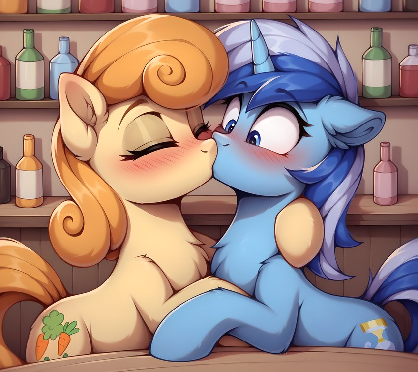 bar blush bottle chest_tuft duo eyes_closed female female/female feral forced forced_kiss hair horn inner_ear_fluff inside kissing looking_at_another multicolored_hair side_view tuft two_tone_hair wide_eyed tyto4tme4l my_little_pony carrot_top_(mlp) minuette_(mlp) earth_pony equid equine horse mammal pony unicorn hi_res