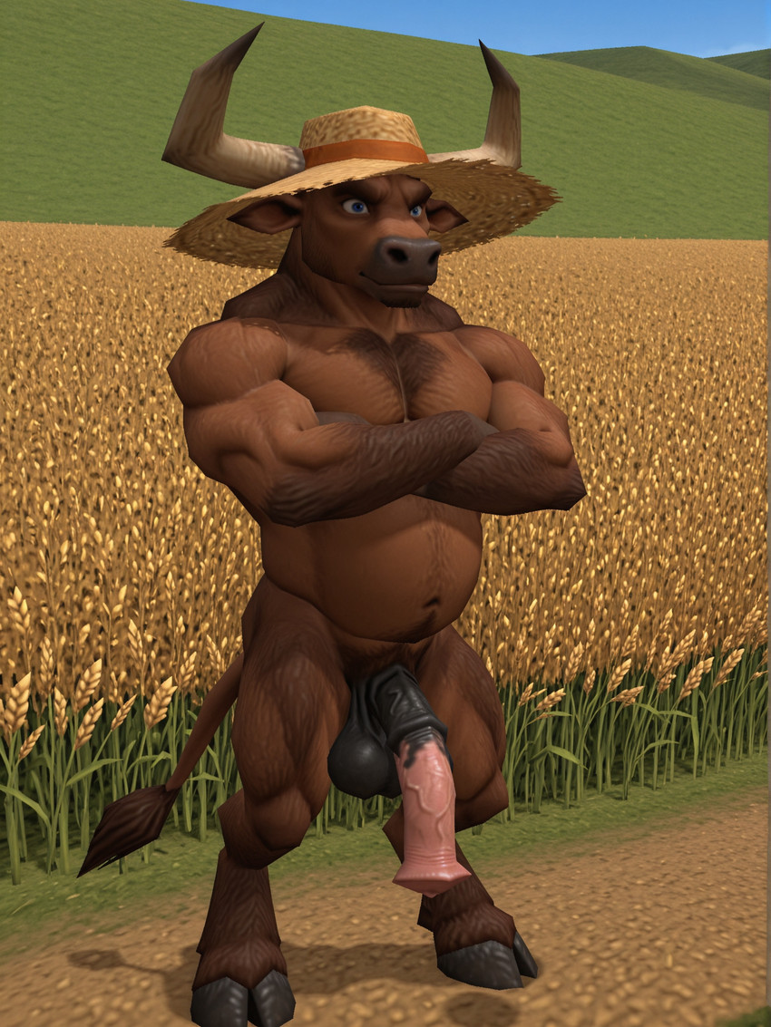 animal_genitalia animal_penis anthro arms_crossed balls barazoku belly big_balls big_penis blue_eyes bovine_tail brown_body brown_fur clothing cloven_hooves equine_penis field fur genitals hat headgear headwear hooves horn huge_penis low_poly male muscular muscular_male penis retro solo standing straw_hat wheat_field magicraven bovid bovine mammal minotaur 3d_(artwork) absurd_res digital_media_(artwork) hi_res