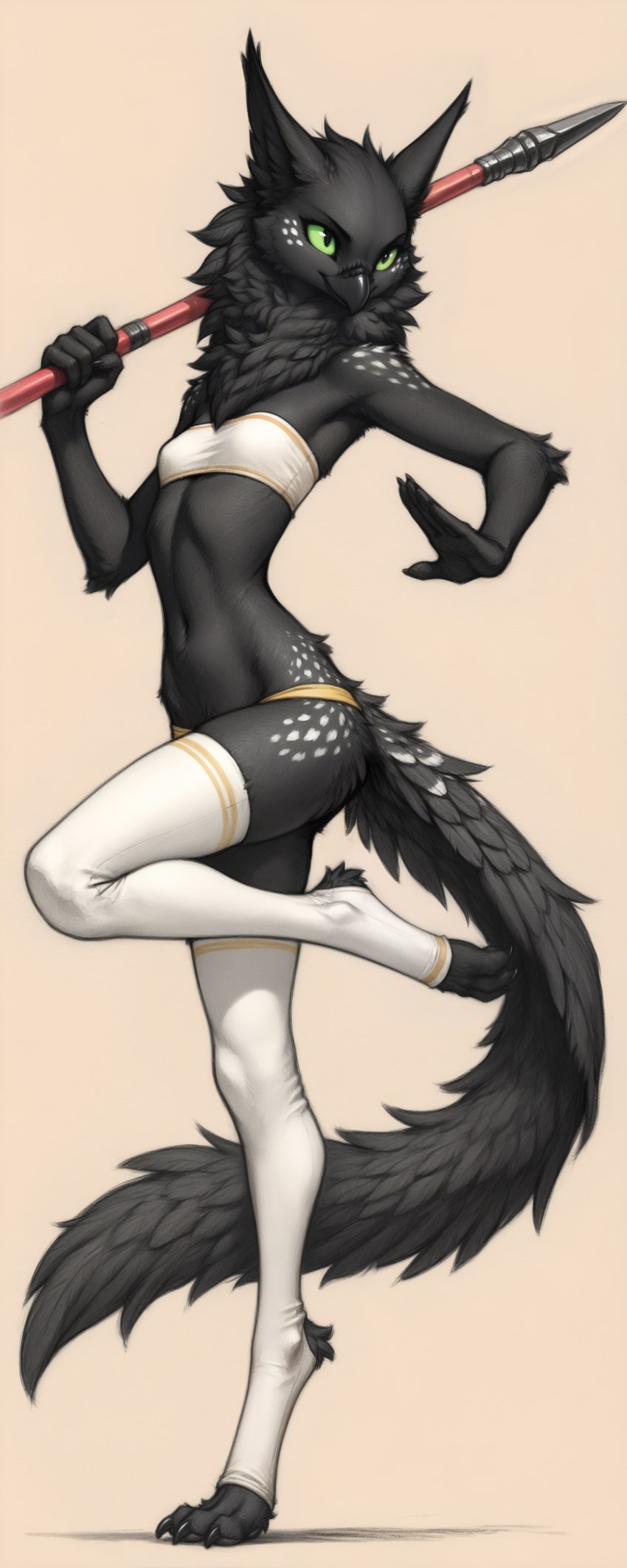 3_toes 5_fingers action_pose anthro bandeau beak black_body black_fur breasts claws clothing feet female fingers fluffy fur green_sclera holding_object holding_weapon legwear long_tail neck_tuft on_one_leg pose simple_background slim small_breasts solo spots spotted_body spotted_fur staff standing thigh_highs toes topwear tuft weapon white_clothing oldhroft shadow_(oldhroft) avian velari absurd_res full-length_portrait hi_res portrait