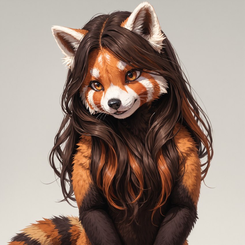 ai_tagging_(redrocket) anthro black_nose brown_body brown_eyes brown_fur brown_hair female fur grey_background hair long_hair looking_at_viewer multicolored_body multicolored_fur multicolored_hair nude orange_body orange_fur pinup pose red_hair simple_background smile solo waianinsfwponyxl_(model) whiskers white_body white_fur director_crashbandit ailurid mammal red_panda digital_media_(artwork) half-length_portrait hi_res portrait