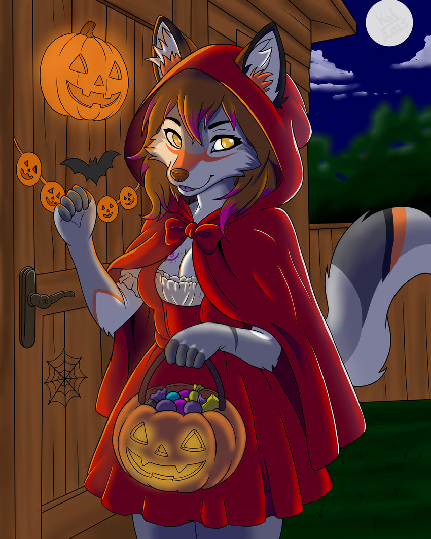 anthro candy cosplay dessert door female food halloween kurtkalupo moon solo fairy_tales little_red_riding_hood_(folklore) canid canine canis mammal wolf absurd_res hi_res