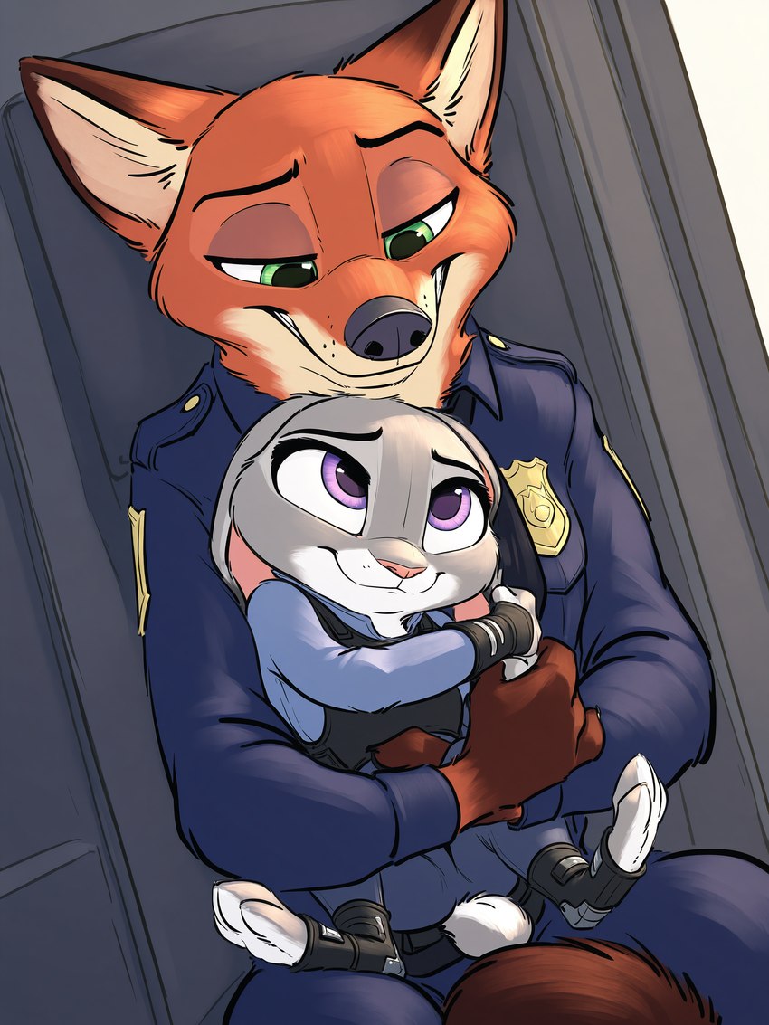 anthro bottomwear clothed clothing cuddling dipstick_ears duo ear_markings embrace facial_markings feet female fully_clothed fur green_eyes grey_body grey_fur grin head_markings hug looking_at_another male male/female markings multicolored_ears on_lap orange_body orange_fur pants pink_nose police police_uniform purple_eyes romantic romantic_couple sitting size_difference smile topwear tuft uniform alucard_(director) zootopia judy_hopps nick_wilde canid canine fox lagomorph leporid mammal rabbit red_fox absurd_res hi_res