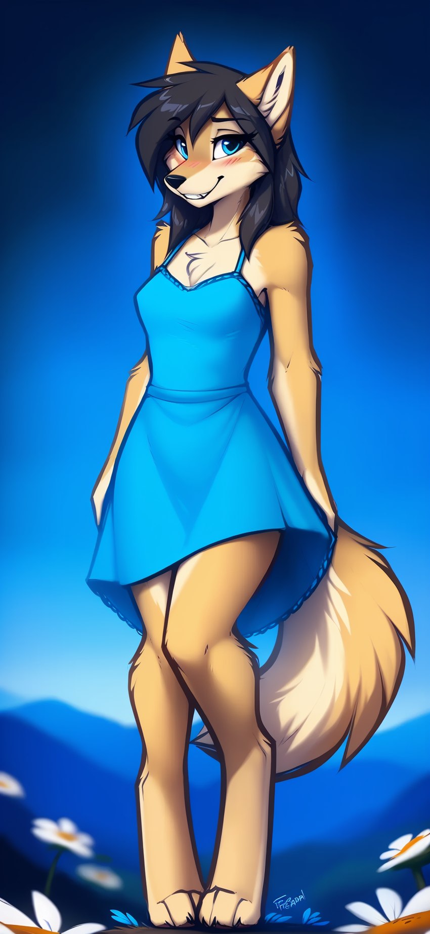 anthro breasts clothing dress female fur hair looking_at_viewer smile solo vargrklaw evelyn_(vargrklaw) canid canine canis mammal wolf hi_res