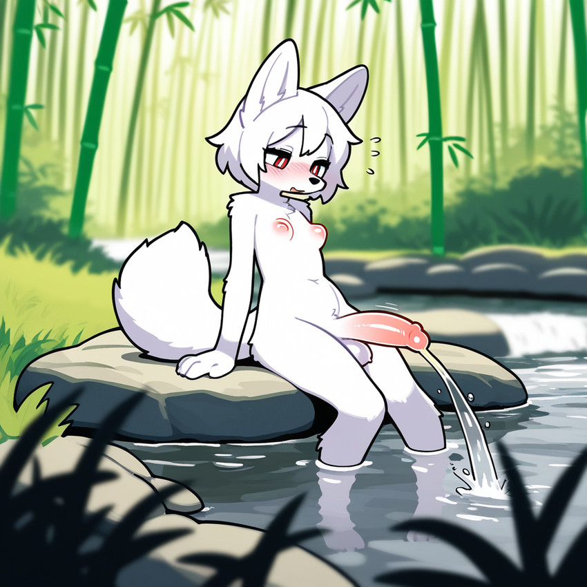 anthro bamboo bamboo_forest big_penis bodily_fluids breasts clear_urine creek forest forest_background fur genital_fluids genitals glistening glistening_genitalia grass gynomorph humanoid_genitalia humanoid_penis intersex nature nature_background nipples nude outdoor_nudity outside peeing penis plant puffy_nipples red_eyes river small_breasts smile solo tree urine watersports white_body white_fur nevermind arctic_fox canid canine fox mammal 1:1