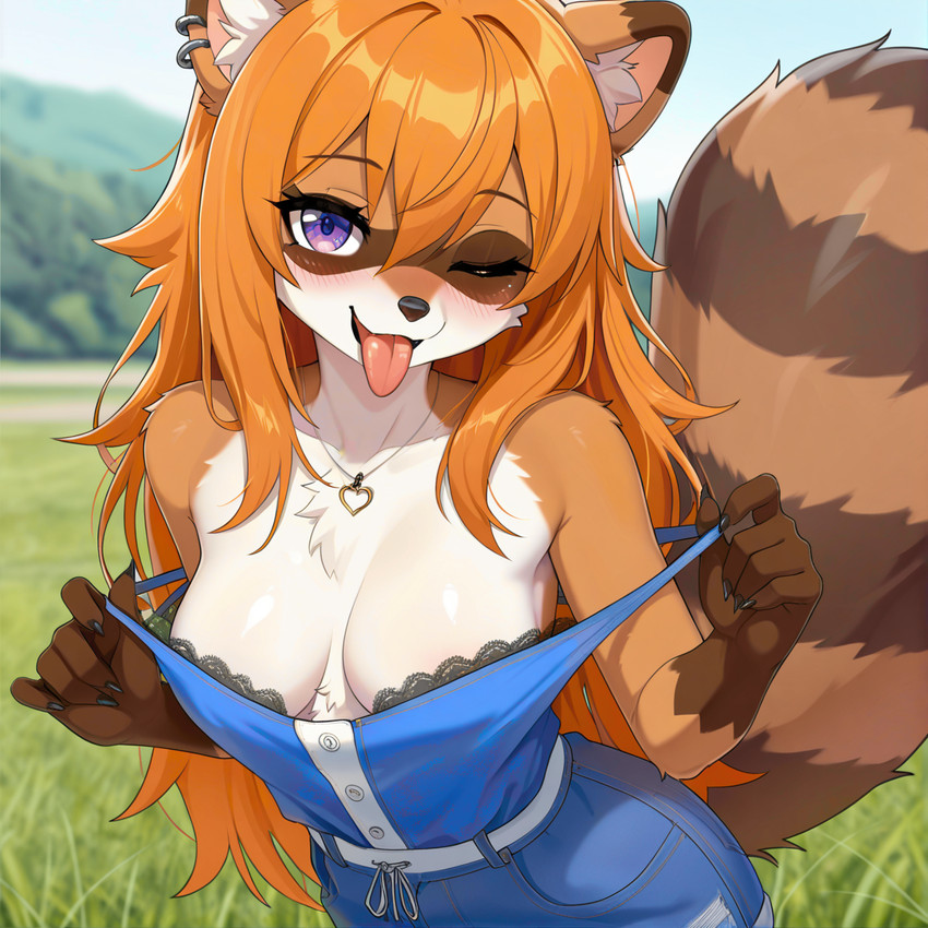 anthro black_nose blush bottomwear breasts cleavage clothed clothing ear_piercing female fluffy fluffy_tail fur hair inner_ear_fluff jewelry lace_bra locket looking_at_viewer markings multicolored_body multicolored_fur off_shoulder one_eye_closed orange_body orange_fur orange_hair outside piercing purple_eyes smile solo standing straps striped_markings striped_tail stripes tail_markings tongue tongue_out topwear tuft winking vtaviscratch mammal procyonid raccoon