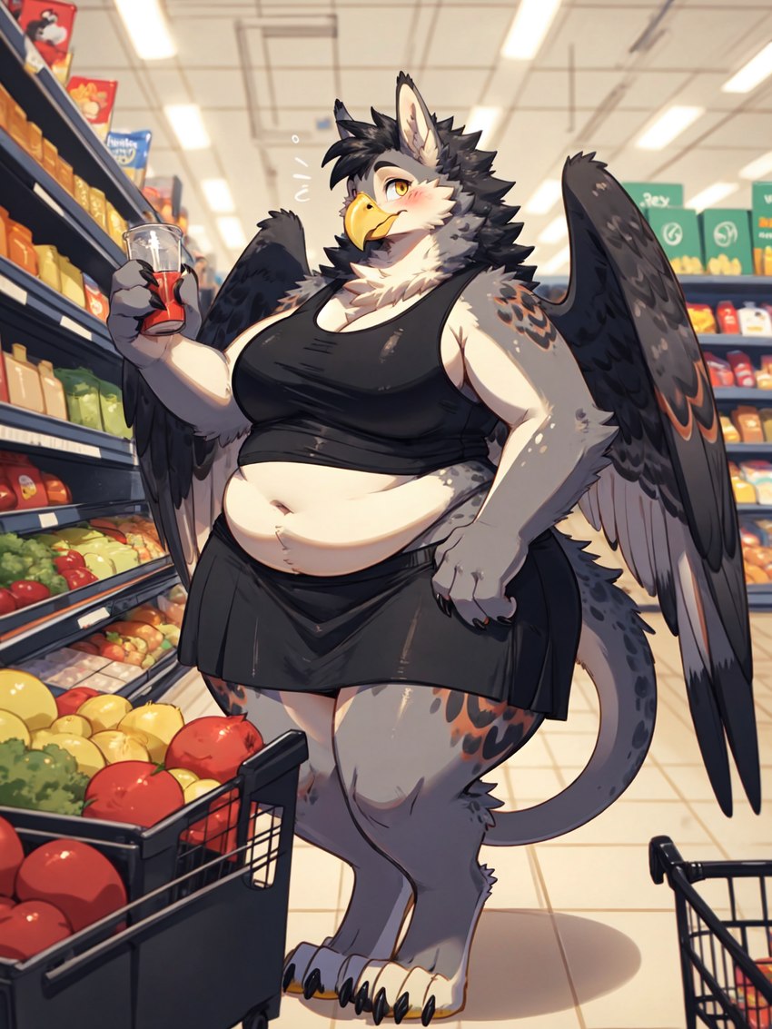 anthro beak big_breasts black_bottomwear black_clothing black_hair black_skirt blush bottomwear breasts claws clothing cropped_tank_top emanata feathered_wings feathers female grey_body grey_feathers hair holding_object looking_at_viewer midriff navel obese obese_anthro obese_female overweight overweight_anthro overweight_female paws short_hair skirt solo standing supermarket thick_thighs topwear wide_hips wings yellow_beak yellow_eyes leafypeachy_(director) avian gryphon mammal mythological_avian hi_res