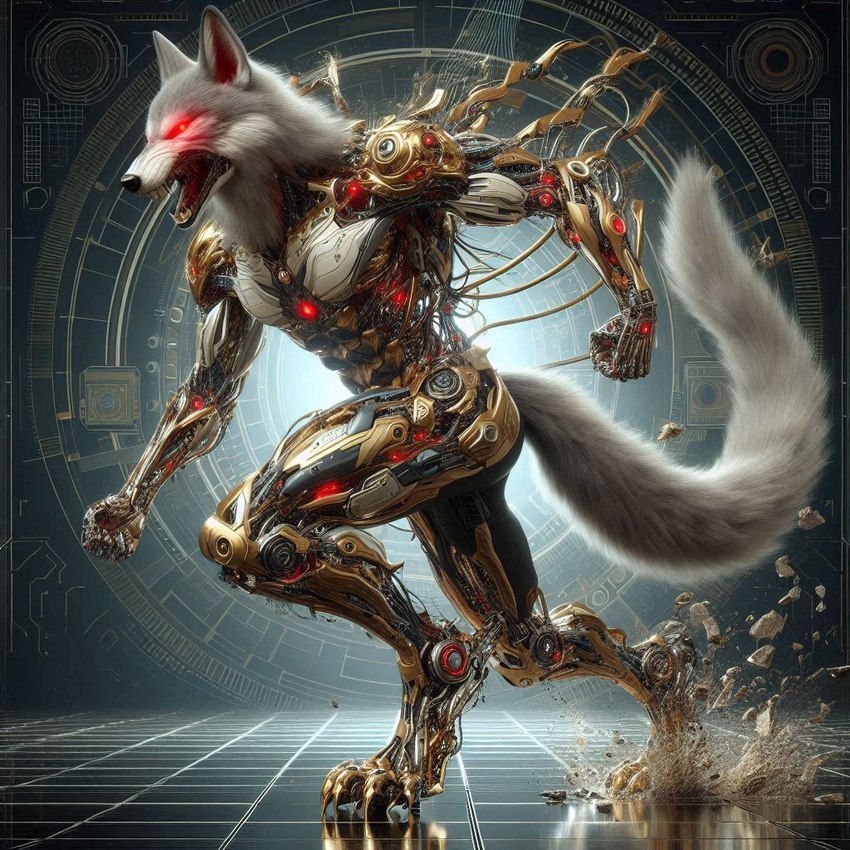 angry_expression anthro bing_image_creator celestial_body cybernetic_limb cybernetics dall-e_3 detailed_background evolution_(transformation) glowing glowing_eyes gold_(metal) machine male photorealistic red_eyes science_fiction solo transformation goldanthrowolf trigem canid canine canis cyborg luphra'nite mammal wolf detailed