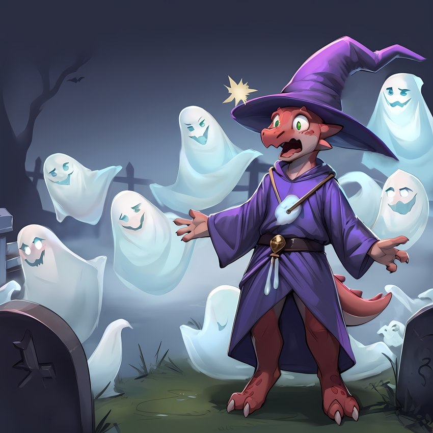 ambiguous_gender anthro cemetery clothing dark fog foggy grass group halloween hat headgear headwear magic_user night open_mouth plant purple_clothing red_body red_scales scales scared shocked surprise tombstone wizard_hat clawsome dragon ghost kobold spirit absurd_res hi_res