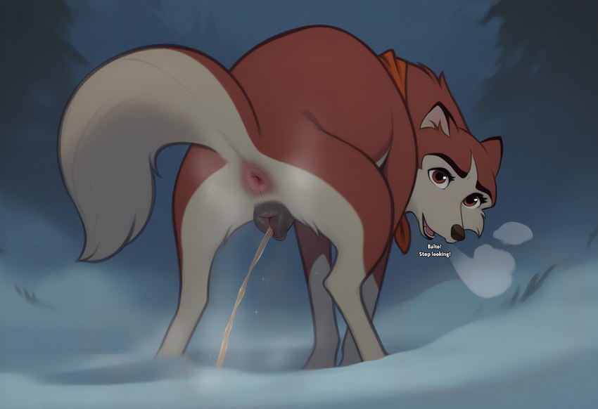 animal_genitalia animal_pussy anus bandanna bodily_fluids breath_cloud brown_eyes canine_genitalia canine_pussy cold crouching dialogue eyebrows eyelashes female feral foggy genital_fluids genitals hunched_over kerchief looking_at_viewer looking_back looking_back_at_viewer peeing plant pussy raised_tail red_bandanna red_kerchief snow solo steam text tree urine watersports yoshiba balto_(series) jenna_(balto) canid canine canis domestic_dog husky mammal nordic_sled_dog spitz