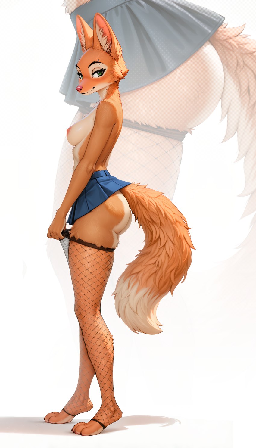 bottomwear breasts clothed clothing clothing_pull female fishnet fishnet_legwear from_side fur green_eyes legwear looking_at_viewer medium_breasts miniskirt mouth_closed nipples orange_body orange_fur simple_background skirt smile solo standing thigh_highs topless white_body white_fur ayo_keito diane_foxington canid canine fox mammal absurd_res hi_res