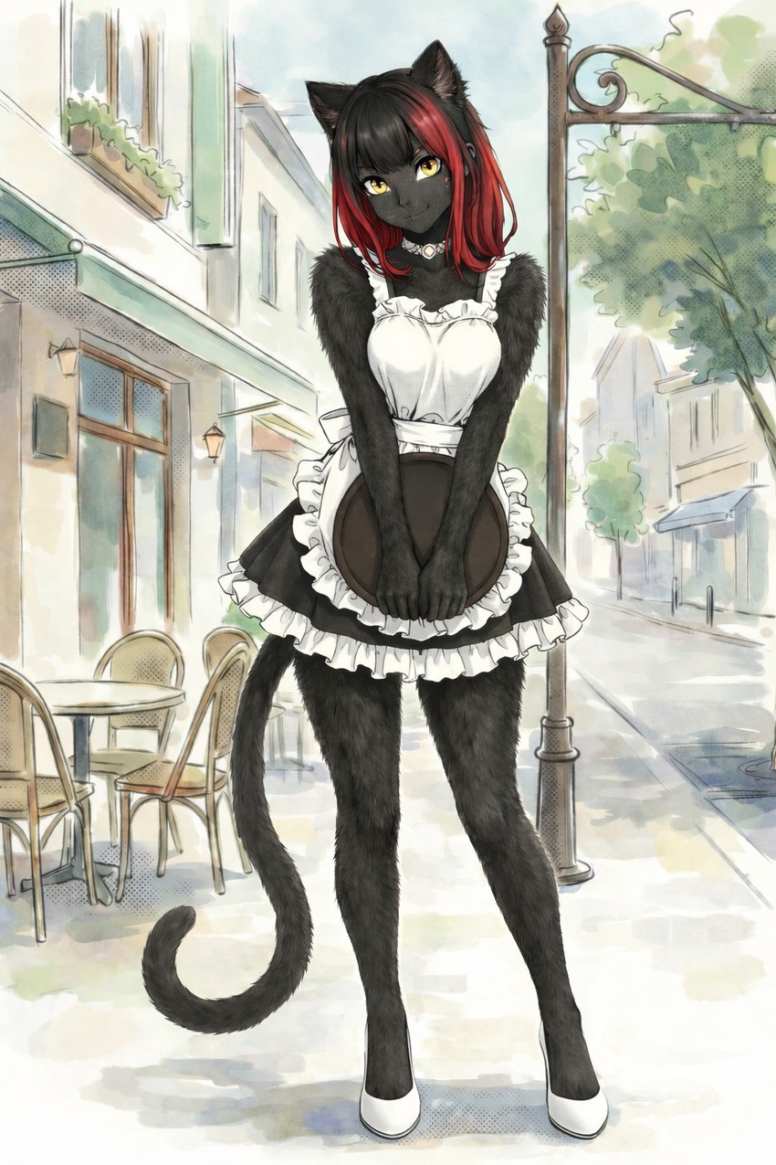 anthro black_body black_fur cafe city city_background clothing digitigrade female fur illustration maid_uniform solo standing street uniform fauirien animal_humanoid domestic_cat felid feline felis humanoid mammal invalid_tag hi_res painting_(artwork) traditional_media_(artwork) watercolor_(artwork)