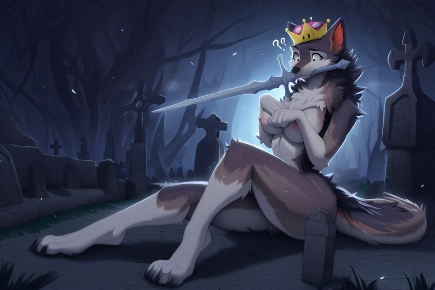after_transformation anthro breasts clothing confusion crown female fur grey_body grey_fur hat hat_only headgear headgear_only headwear headwear_only melee_weapon mostly_nude nipples nude object_in_mouth solo super_crown sword tuft video_games weapon contextualcritters dark_souls mario_bros nintendo great_grey_wolf_sif canid canine canis mammal wolf