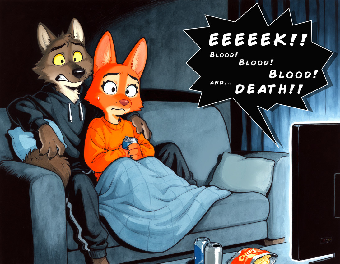 4_fingers anthro bedding beverage beverage_can black_clothing black_eyebrows blanket bottomwear brown_body brown_fur can chips_(food) claws clenched_teeth clothed clothing container controller dialogue duo electronics embrace eyebrows eyelashes facial_tuft female fingers food fully_clothed fur furniture holding_beverage holding_object hoodie inside male on_sofa orange_body orange_fur pants pillow pink_nose scared sitting sitting_on_sofa soda sofa speech_bubble teeth television text topwear tuft under_blanket yellow_sclera hank94_(director) the_bad_guys diane_foxington mr._wolf_(the_bad_guys) canid canine canis fox mammal wolf english_text hi_res