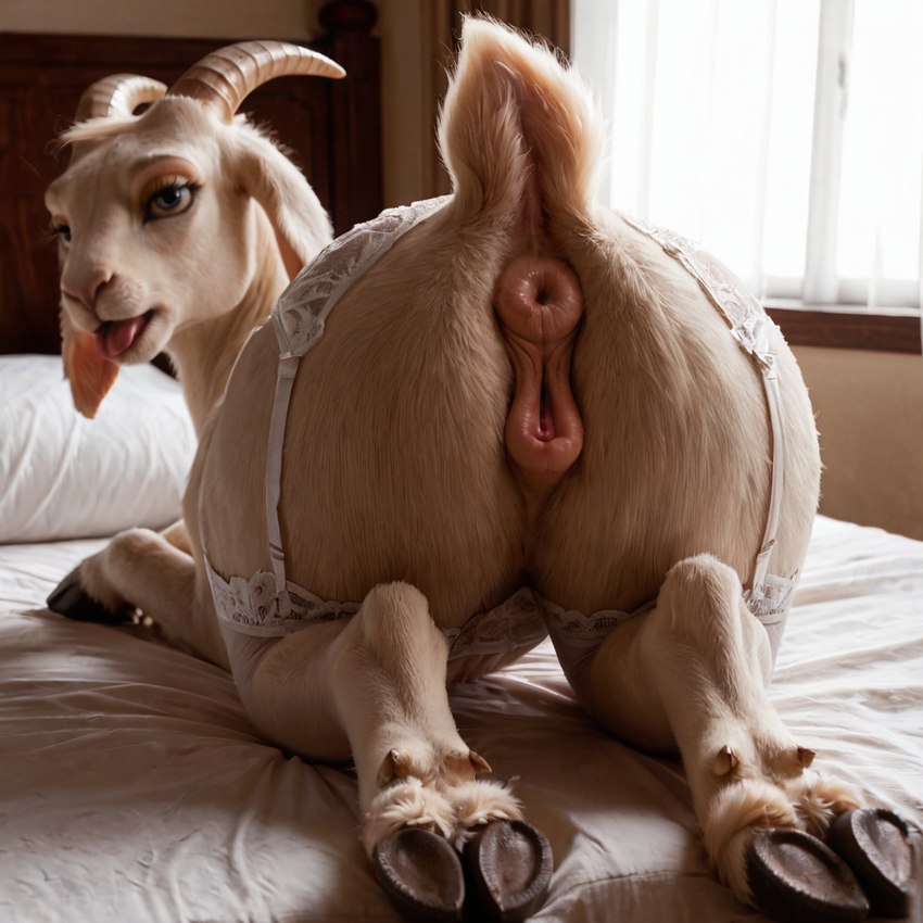 anus bed bedroom bestiality butt clothing female feral fur furniture genitals hooves horn lingerie looking_at_viewer looking_back presenting presenting_hindquarters pussy realistic realistic_feral solo solo_focus tongue director_unholycow bovid caprine goat mammal detailed