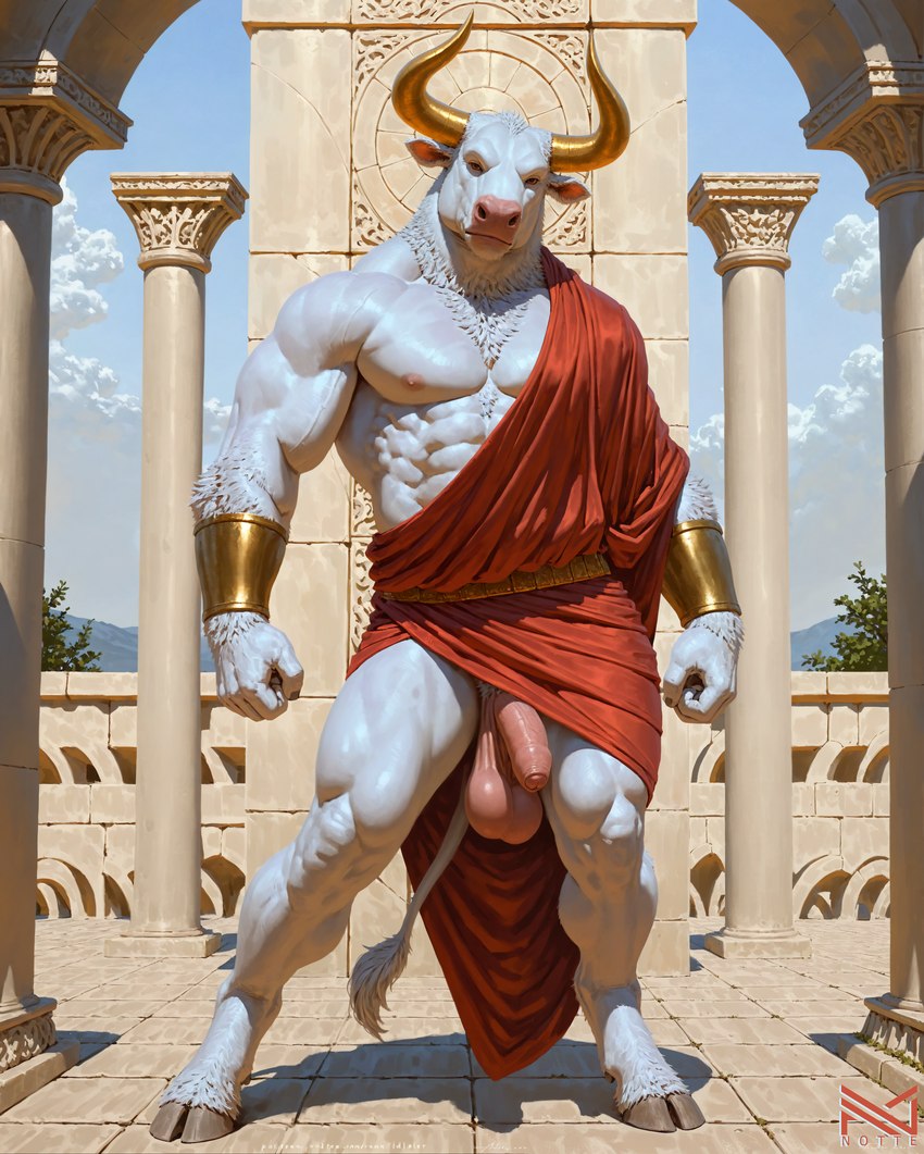 abs ancient_greece anthro armor balls big_balls big_penis bovid_horn bovine_horn bracers clothed clothed/nude clothing detailed_background detailed_fur fur genitals greece horn humanoid_genitalia humanoid_penis looking_at_viewer male muscular muscular_anthro muscular_male nipples nude outside partially_clothed pecs penis pink_balls pink_nipples pink_penis realistic robe saggy_balls solo toga tuft white_body white_fur yellow_horn notte bovid bovine cattle mammal absurd_res colored detailed hi_res