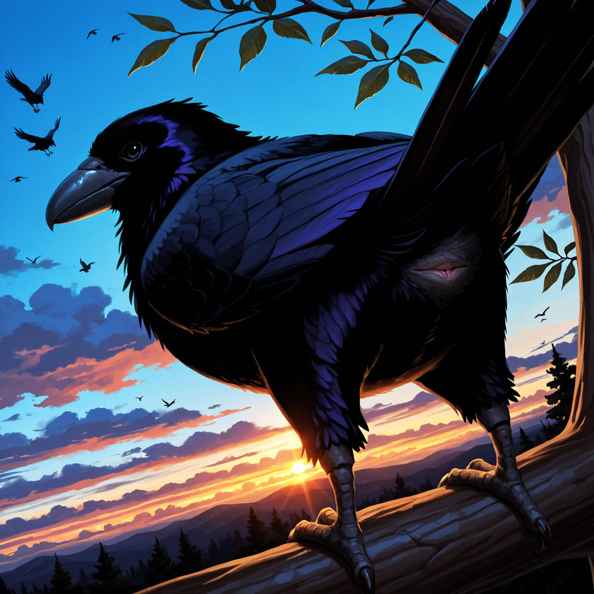 animal_genitalia beak black_body black_feathers branch cloaca crouching feathers female feral forest genitals looking_at_viewer looking_back looking_back_at_viewer plant presenting solo sunset talons tree underfluffies pleasedontlook avian bird corvid corvus_(genus) oscine passerine raven hi_res