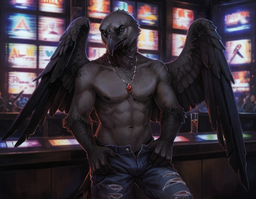 2024 abs anthro beak beverage black_beak black_body black_feathers bottomwear clothing container cup dark_eyes denim denim_clothing dim_lighting feathers glass glass_container glass_cup inside jeans jewelry leaning leaning_back looking_at_viewer male muscular muscular_male navel necklace nightclub pants pony_diffusion_(model) scutes shirtless shirtless_anthro shirtless_male solo stable_diffusion television torn_bottomwear torn_clothing torn_jeans torn_pants unbuttoned_pants wings malakim avian bird corvid corvus_(genus) oscine passerine raven