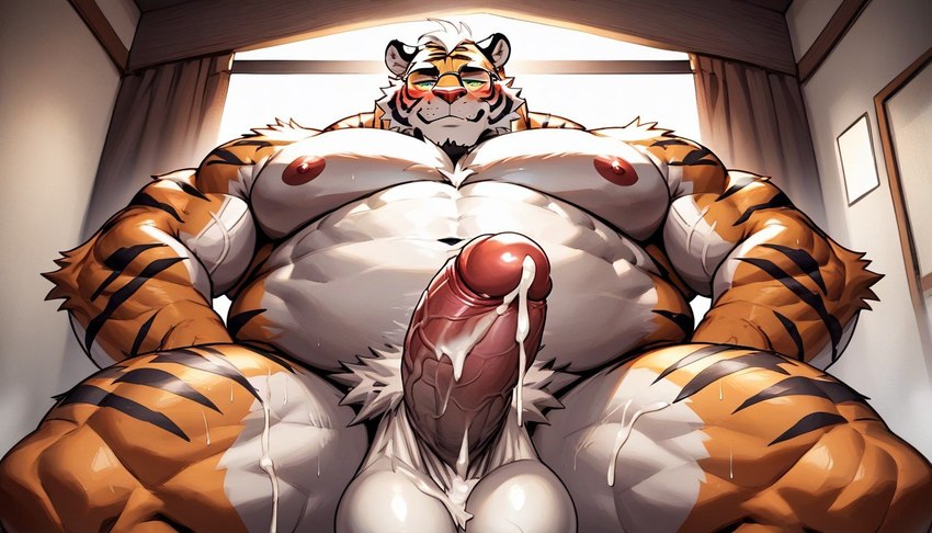 anthro balls erection fur genitals green_eyes hair humanoid_genitalia humanoid_penis looking_at_viewer low-angle_view male musclegut muscular muscular_male navel nipples nude orange_body orange_fur pecs penis pubes solo striped_body striped_fur stripes vein veiny_penis white_hair window killawatt felid mammal pantherine tiger