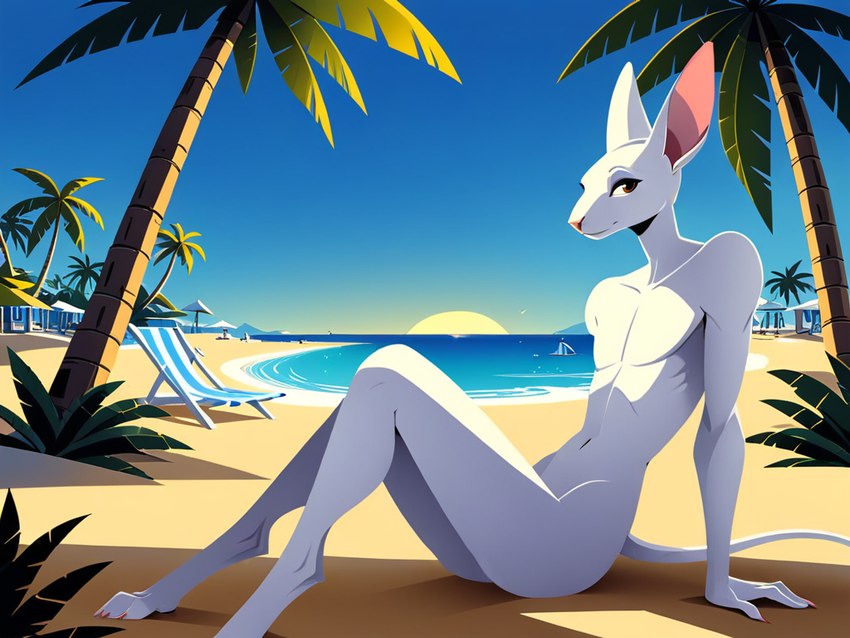 anthro arm_support beach beach_umbrella claws detailed_background femboy fur looking_at_viewer male navel nude on_ground outside palm_tree parasol pink_nose plant sand sea seaside sitting sky slim smile solo sun tree water white_body white_fur anonymous_director pale_(palekemono) mammal scalie