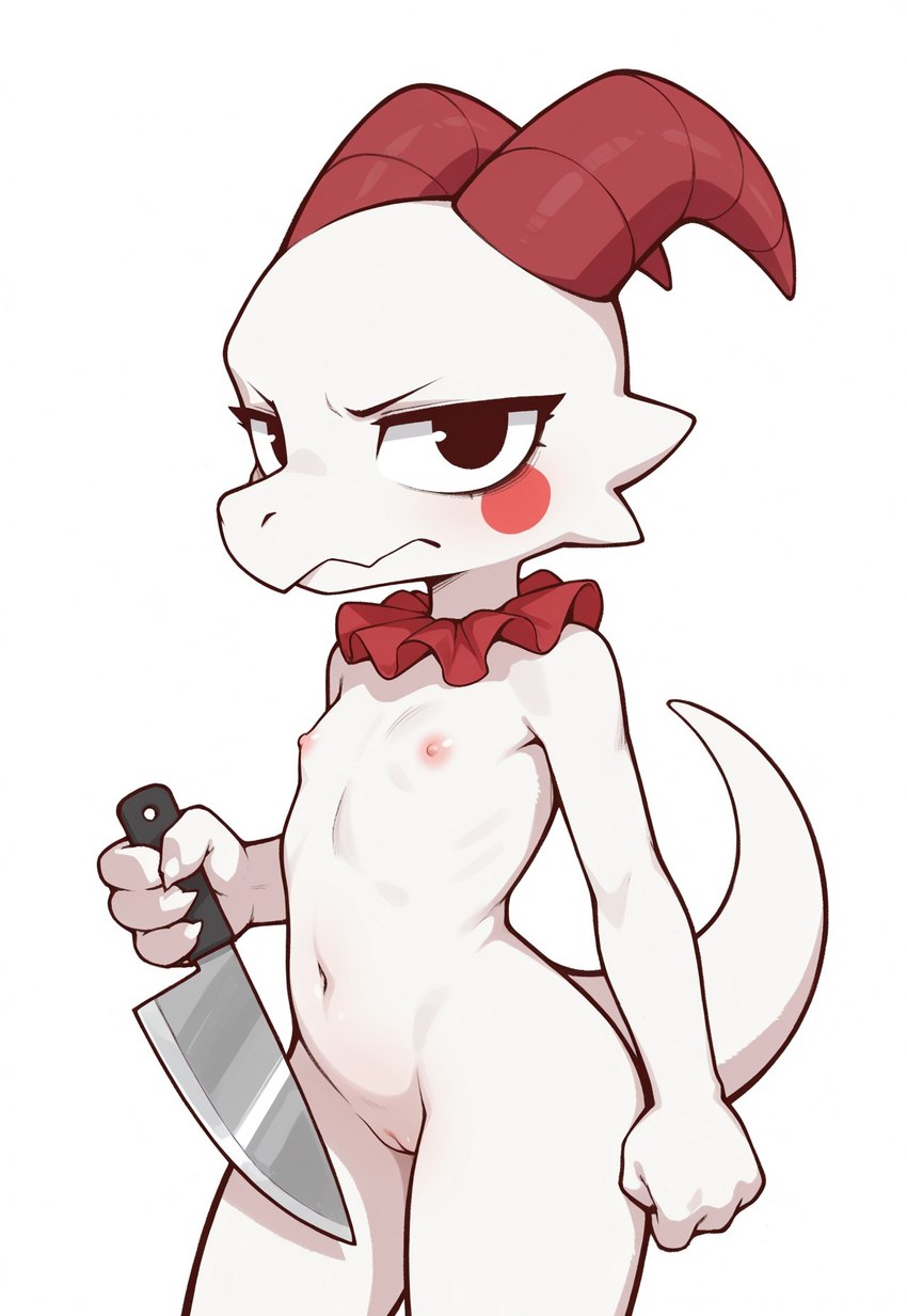 4_fingers anthro breasts clown female fingers genitals holding_knife holding_object horn knife looking_at_viewer pussy red_horn serious simple_background simple_eyes small_breasts solo white_background white_body synaker kobold 2025 colored hi_res shaded simple_shading