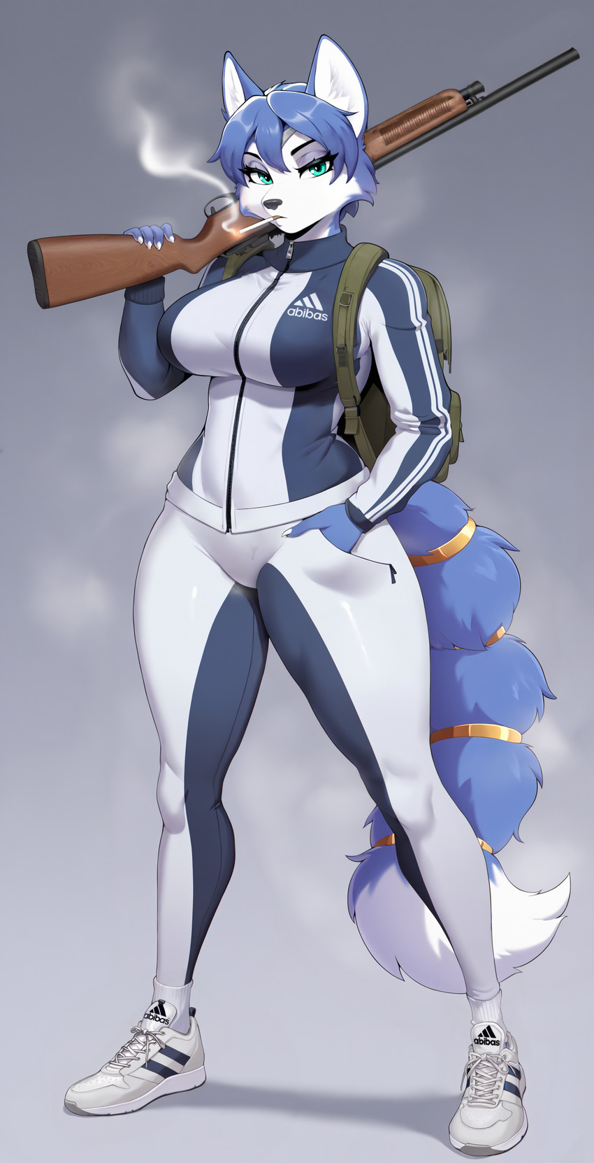 abibas anthro cigarette female gun looking_at_viewer ranged_weapon shotgun smoking solo sportswear standing weapon oswaldpohyl nintendo star_fox krystal_(star_fox) canid canine fox mammal absurd_res hi_res