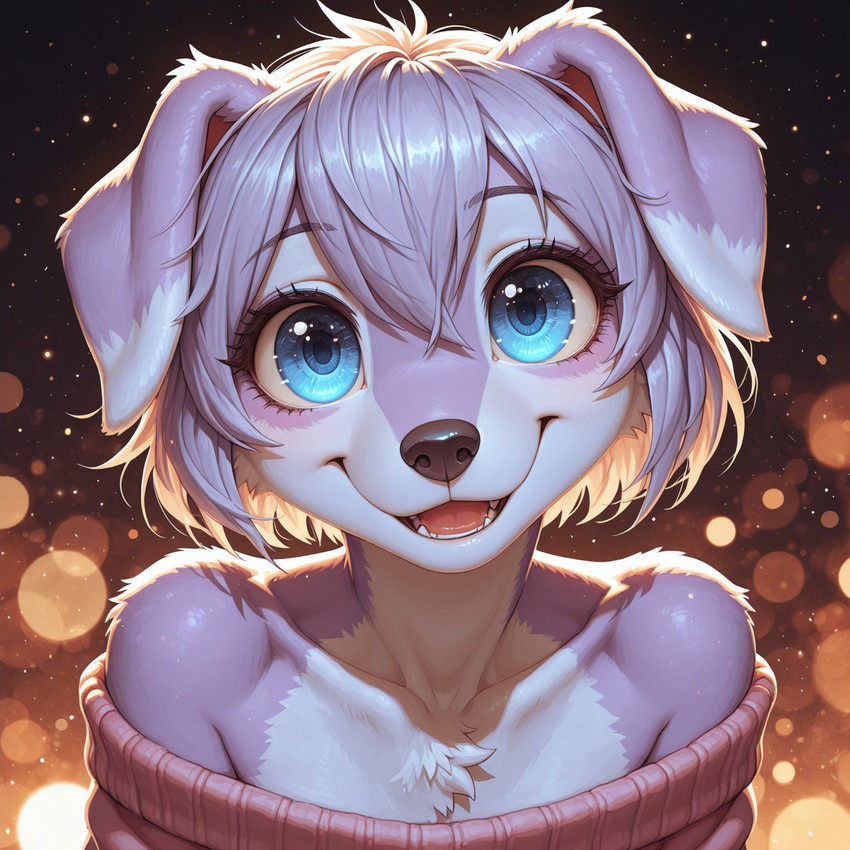 anthro blue_eyes chest_tuft close-up clothing eyelashes femboy floppy_ears fur glistening glistening_eyes hair lights looking_at_viewer male multicolored_body multicolored_fur off-shoulder_shirt purple_body purple_fur short_hair simple_background smile smiling_at_viewer sweater topwear tuft two_tone_body two_tone_fur white_body white_fur katka blair_(katka) canid canine canis domestic_dog mammal hi_res