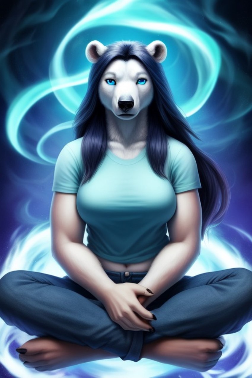 anthro aura black_hair blue_eyes bottomwear clothed clothing crossed_legs denim denim_clothing female flowing_hair fully_clothed fur hair jeans long_hair midriff mystical pants shirt sitting solo t-shirt tight_clothing tight_fit topwear white_body white_fur wahrdu attea mammal polar_bear ursid ursine hi_res