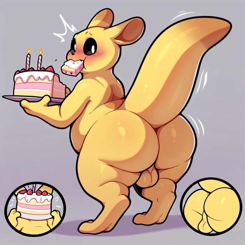 anthro backsack balls big_butt butt cake chubby_male dessert digitigrade eating embarrassed food genitals looking_back male overweight simple_background slightly_chubby solo surprised_expression yellow_body mrnotso_(director) rain_world gourmand_(rain_world) slugcat