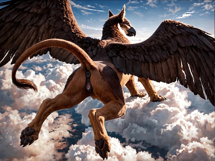 anus beak digitigrade feathers female feral flying fur genitals looking_at_viewer looking_back looking_back_at_viewer paws pussy quadruped solo wings jelloponies avian gryphon mythological_avian hi_res