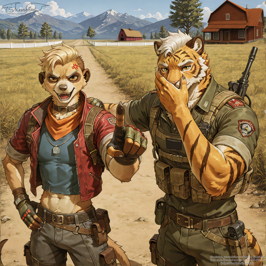 5_fingers angry angry_expression anthro assault_rifle barn belt belt_buckle blonde_hair building bulky choker claws clothing crop_top cross-popping_vein dog_tags duo facepalm farm fence field field_background fingerless_gloves fingers fur gesture gloves gun hair hand_on_back hand_on_hip handwear house jacket jewelry male military military_uniform military_vest mountain mountains muscular muscular_male navel necklace neutral_expression plant pointing pointing_at_viewer pupils ranged_weapon rifle road round_ears scarf shirt short_sleeves slim_body slim_male slit_pupils striped_body stripes topwear tree uniform weapon weapon_on_back white_hair wooden_fence yellow_body yellow_eyes yellow_fur sheishfed wild_assault norman_(wild_assault) uly_(wild_assault) felid feline herpestid mammal meerkat pantherine tiger hi_res