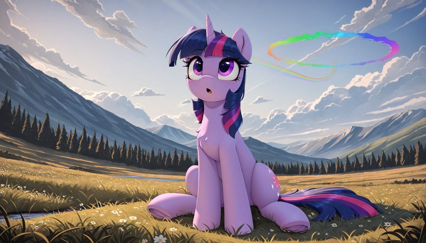 cloud ears_up female feral field field_background flower forest hooves horn looking_up mountains nature nature_background offscreen_character open_mouth outdoors plant scenery sitting sitting_on_ground sky sky_background solo sonic_boom tongue tree underhoof unicorn_horn marestare my_little_pony twilight_sparkle_(mlp) equid equine horse mammal pony unicorn detailed hi_res shaded