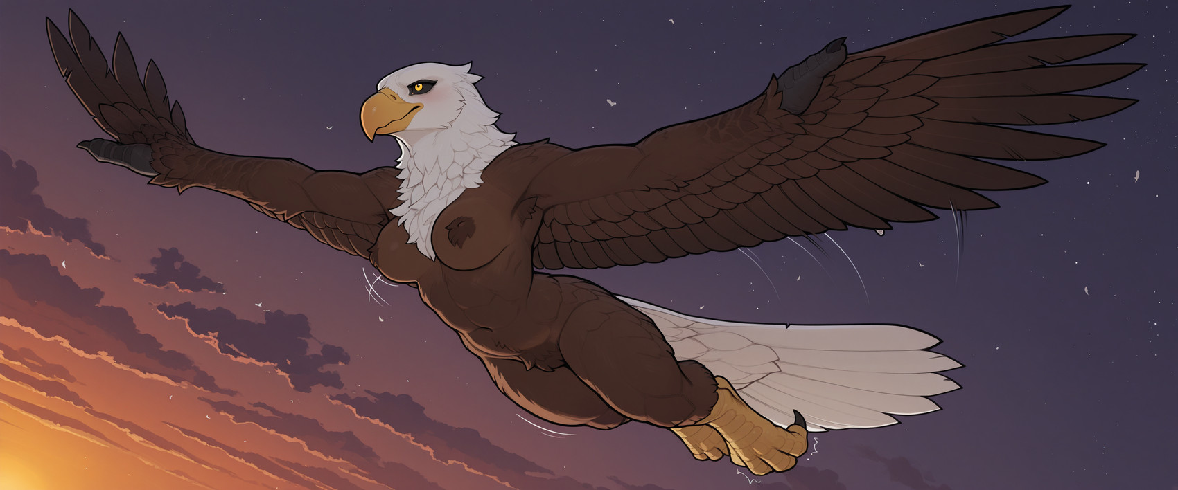 abs anthro armpit_hair athletic beak black_claws black_nails black_sclera blush body_hair brown_body brown_feathers claws cloud colored_nails colored_sclera crotch_tuft digitigrade feathered_arms feathers feet female flying from_front_position low-angle_view motion_lines muscular muscular_anthro muscular_female muscular_thighs nails naturally_censored navel nipple_tuft nude nude_female outside outstretched_arms prompt pubes sky solo star starry_sky sunset tail tail_feathers talons toe_claws tuft white_body white_feathers white_tail winged_arms wings yellow_beak yellow_eyes joe420 accipitrid accipitriform avian bald_eagle bird eagle sea_eagle 2025 full-length_portrait hi_res portrait prompt_metainfo widescreen