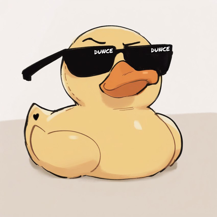 ambiguous_gender beak black_eyes eyebrows eyewear male orange_beak raised_eyebrow rubber_duck simple_background smile smirk smug solo solo_focus sunglasses tattoo toy white_background yellow_body sappy_(director) anatid animate_inanimate anseriform avian bird duck digital_media_(artwork) mixed_media painting_(artwork) shaded simple_shading traditional_media_(artwork) watercolor_(artwork)