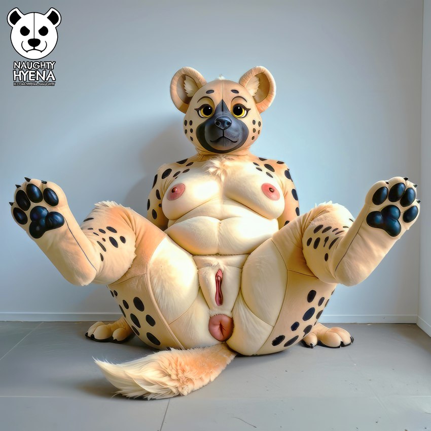 anthro anus belly breasts clothing costume female fursuit genitals legs_up looking_at_viewer looking_back looking_back_at_viewer nipples overweight paws plump_labia plushie puffy_anus pussy solo solo_focus naughtyhyena_(director) hyaenid mammal hi_res