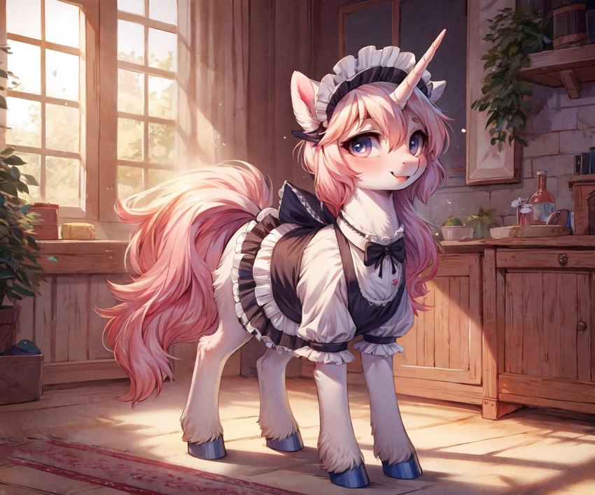 ambiguous_gender bow_ribbon bowtie clothed clothing detailed_background ears_up feral front_view fur hair hooves horn indigo_furry_mix_v120_hybrid indigofurrymix_(model) inside kitchen looking_at_viewer maid_headdress maid_uniform mane pink_eyes pink_hair pink_mane pink_tail quadruped smile smiling_at_viewer solo standing three-quarter_view unicorn_horn uniform white_body white_fur window window_light mechanic_31 equid equine horse mammal my_little_pony pony unicorn colorful detailed full-length_portrait hi_res portrait shaded three-quarter_portrait