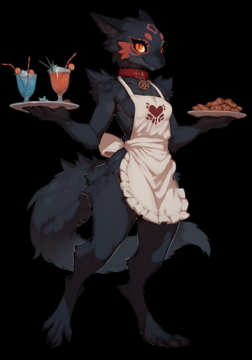 <3 anthro apron apron_only beverage black_body black_fur breasts claws clothed clothing collar cookie digitigrade feet female fluffy food fur looking_at_viewer markings mostly_nude orange_eyes plate red_markings side_boob simple_background smile solo standing toes transparent_background waiter anotheranon cookie_(anotheranon) furred_kobold kobold mammal absurd_res alpha_channel full-length_portrait hi_res portrait